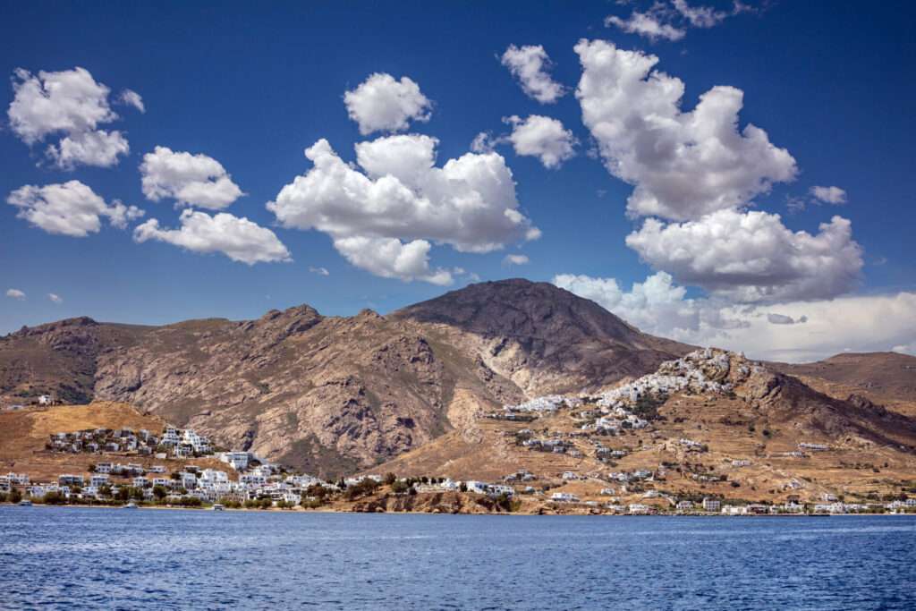 Serifos Island Cyclades Greece. White Building Uphill Chora Town And At Livadi Port.