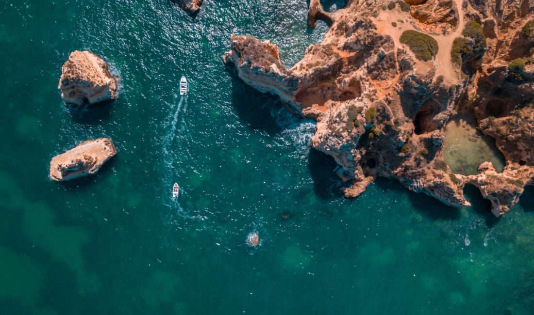 Beautiful Atlantic Beaches And Cliffs Of Algarve, Portugal On A Sunny Summer Day